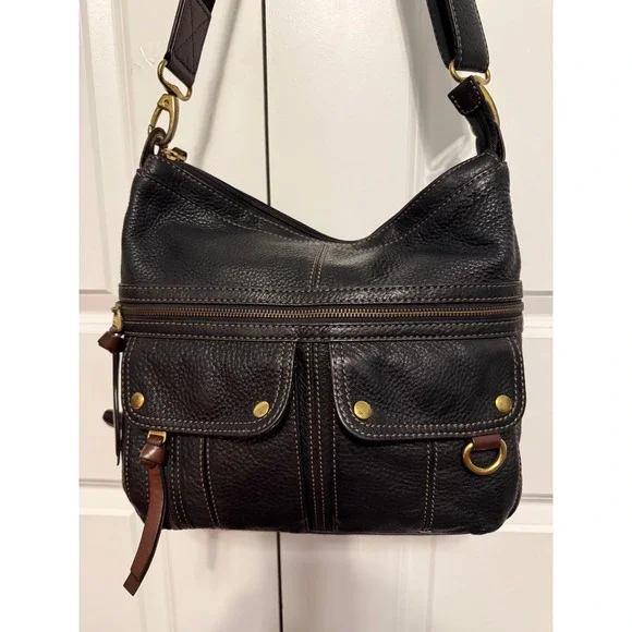 Fossil Black Leather Hobo Shoulder Bag Convertible Crossbody Brass Hardware